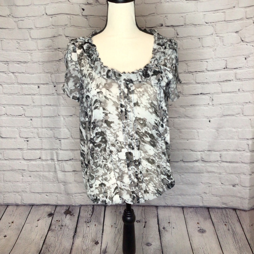 LOFT Factory Black & Gray Short Sleeve Watercolor Print Sheer Bubble Top Medium